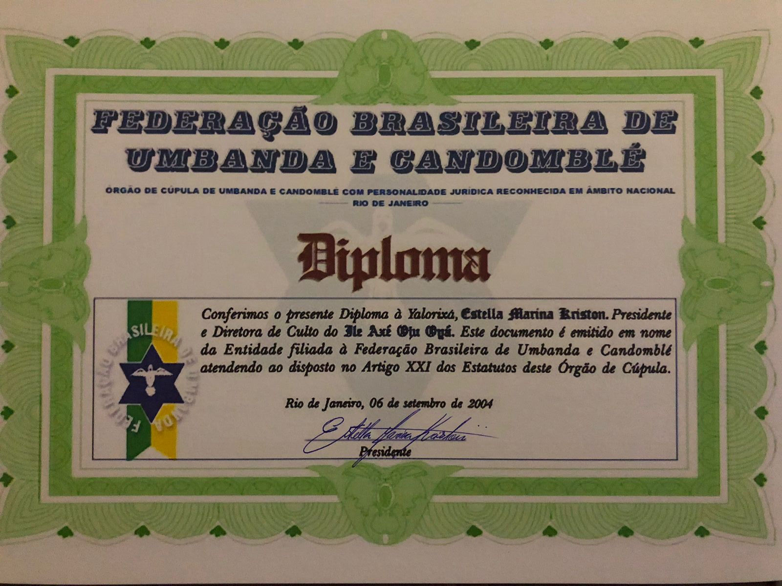 Diploma da Federação Brasileira de Umbanda e Candomblé